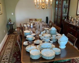 American 20th C table and chairs sits 12 to 14 people Crystal, Porcelain & Silver plate.  