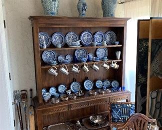 Elm hutch with English blue transfer ware Tankards Sheffield plate  Lower shelf of plates are Canton China Export  