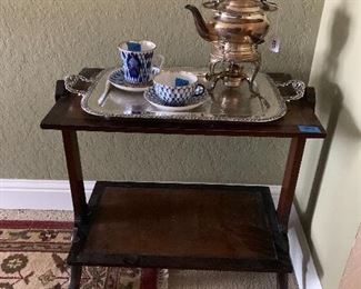 Side table American Mahogany 2 Russian cups & saucers  w silver plate hot water pot