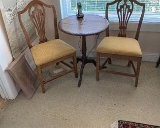 Elm English 19th c side chairs & candle stand 