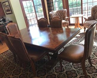 Trestle Dining Room Table & 6 Leather Chairs w/Nailhead Trim