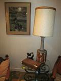 1960's Italian, Designer Table Lamp, Wrought Iron and Glass Top Table, Local New Jersey Artist Watercolor, Inlaid Backgammon Set.