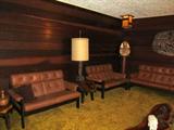 Leather Sofa and Love Seat, Redwood Burlwood Table