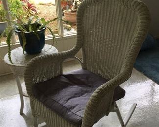 White Wicker Rocker & Table, Potted Plant