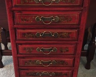 Vintage Chinese Red Lacquer Gilded Chest/Multi Drawer Cabinet Brass Hardware Hand Carved Lotus Flowers on Top 