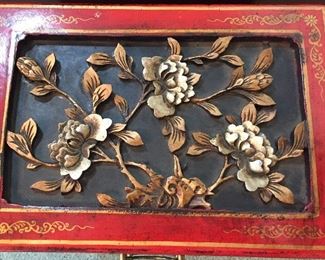 Vintage Chinese Red Lacquer Gilded Chest/Multi Drawer Cabinet Brass Hardware Hand Carved Lotus Flowers on Top 