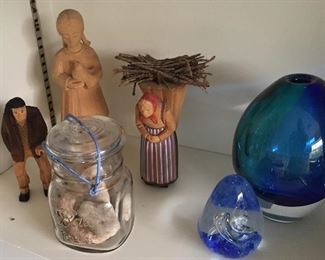 Seashell in Jar, Blue Glass Egg, Blue Glass Paperweight, Sculpted Figurine