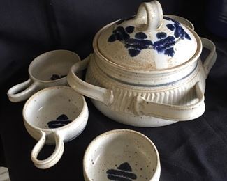 Hand Thrown Pottery Bean/Soup Pot & Four Serving Bowls