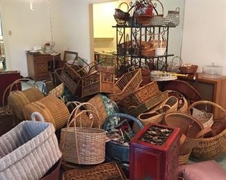 Plethora of Baskets all Sizes, Iron Shelving with Glass Shelves, Vintage Large Speakers Mid Century Modern