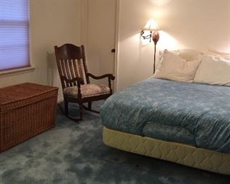 Cantwell Queen Size Electric Bed, Electric Wall Sconces, Comforter, Antique Rocker, Wicker Chest