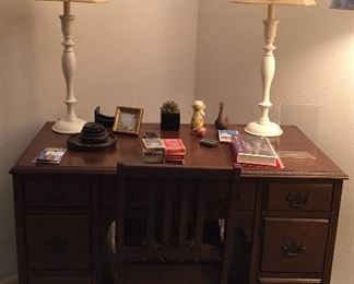 Mahogany Antique Desk with Chair, Desk/Boudoir Lamps