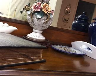 Antique Sideboard, Capodiamonte Vase, Serving Tray Denmark, Ginger Jar, Pictorial Family Bible 1903