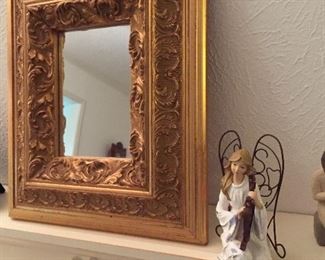 Gold Leafed Framed Mirror, Angel Sitting on a Shelf Playing a Harp Signed