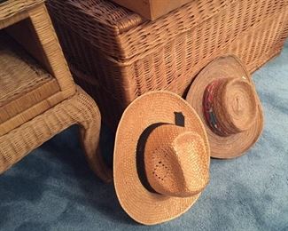 Wicker Side Table/Nightstand, Vintage Ladies & Men's Hats, Vintage Hat Boxes, Wicker Chest