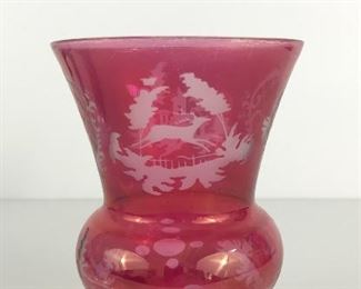 Black Forest ruby glass etched vase
