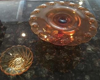 Vintage amber swirl glass bowl; cake stand 