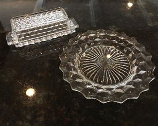 Vintage Fostoria American Clear luncheon/salad plate; covered butter dish