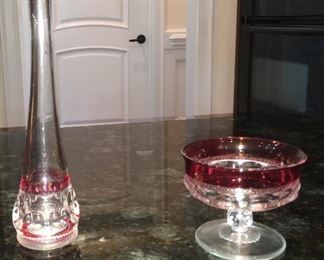 Ruby and clear vase and custard/dessert pedestal dish