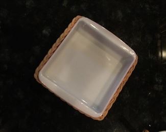 Vintage Flamingo Pink casserole and wicker holder