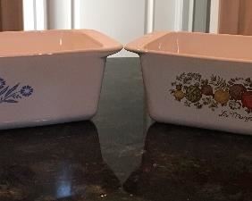 Vintage Corning loaf bakers:  Corn Flower Blue; Spice of Life