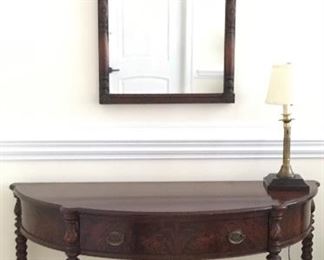 Vintage RomWeber mahogany Jacobean table with drawer; mirror