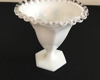 Vintage Fenton milk glass silver crest tall dish