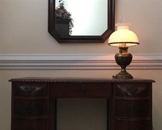 Antique Desk; mirror; electric parlor lamp