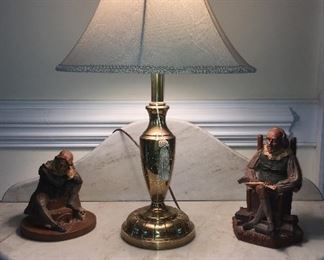 Stiffel brass lamp; figurines; antique wash stand