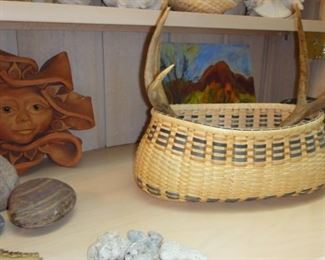 Hand Woven Basket, Deer Antlers, Rocks, Pottery Sun, Brass Horse 