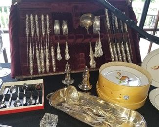 Silver plate silverware set, silverplate serving pieces