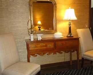 Console table, 4 matching parsons chairs, large mirror