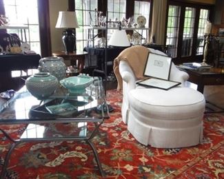 Chair w/Ottoman, glass top coffee table w\wrought iron base, 8X10 area rug