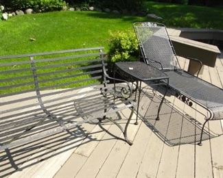 Wrought iron bench, table, chaise lounge
