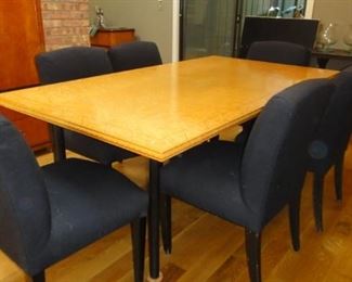 Dining Room Table, Custom Designed, Dick Wickman Design, 6 Black upholstered parsons chairs