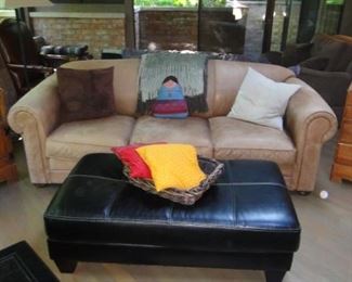 Leather Sofa & Ottoman, Primtive nightstands, decorator pillows
