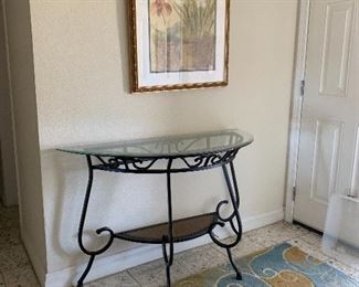 Entry Iron and Glass half table and floral picture