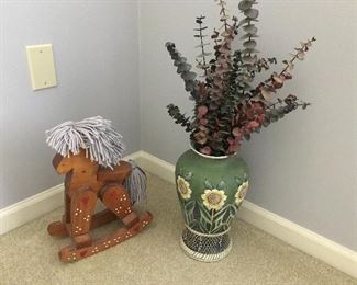 Small Rocking Horse, Faux Plants, and Vase
