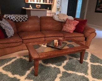 Brown Leather Sofa, Wood and Tile Coffee Table 