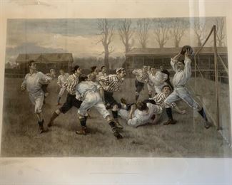 The Football Match, VERY RARE, FRAMED, Rare Wolven Silk Book with Image on Cover and Poster, This is the Soccer Collector's Center Piece in Your Office or Man Cave.