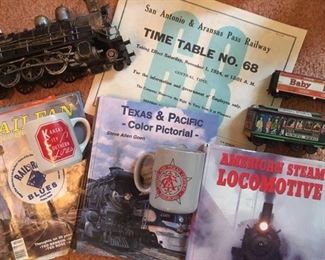 Assorted train ephemera, painted ceramic replicas, HO gauge train cars by Athearn & books