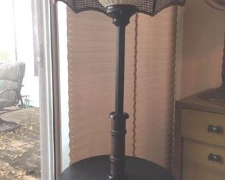 Combination round end table/lamp with woven shade in umbrella-form & white globe lamp