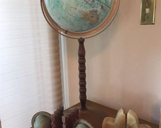 Floor model 12" diameter world globe, "World Ocean Series" by Replogle, also pair of globe book ends & marble bookends which form the BSA emblem