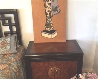 One of a pair of Asian-style bedside cabinets, with matching King size headboard; one of a pair of burlap and textile wall art panels
