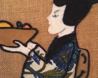 Detail of burlap and fabric wall art panels