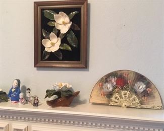 Painted hand fan; framed dimensional glazed ceramic Magnolias; Magnolia sculpture; small clay & porcelain figurines made in Japan