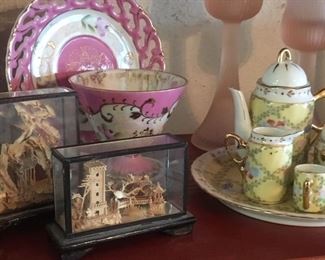 Assorted fine porcelain tea cup sets, including a miniature tea set  & pair of Asian dioramas