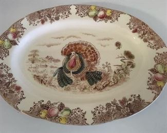 Large transferware turkey platter; no maker mark