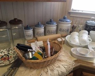 Glass & glazed pottery canisters, Corelle dishes & kitchen gadgets 