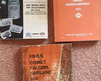 Reference Catalog for Ford, and Service manuals for Datsun, and combo manual for Comet, Falcon, Fairlane & Mustang