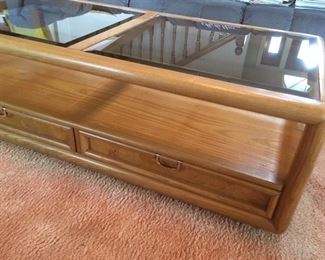 Glass top sofa table with two drawers & open middle shelf
